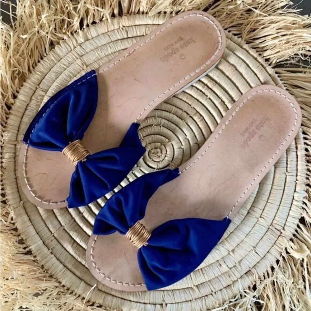 KATE SPADE Indi Bow Slide Sandals Blue Gold‎ Size 7